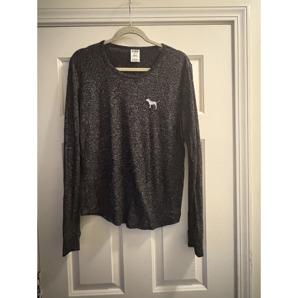 PINK Victoria's Secret Dog Logo Sleep Tee Gray Black Marl Long Sleeve Large